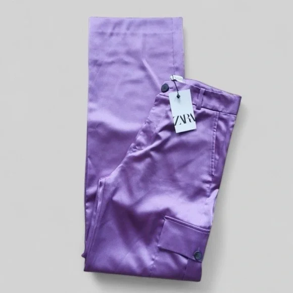 Zara Satin Lavender Cargo Pants Silky Straight Leg Utility Trousers Size XS - Picture 2 of 8